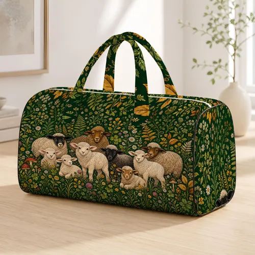Whimsical Lamb Flock In Green Meadow For Cozy Cottagecore Travel And Holiday Gifting Quilted Weekend Bag