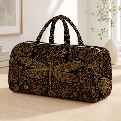 Ornate Gold Dragonfly With Ethnic Paisley Mandala Motifs For Yoga Travel Boho Women Quilted Weekend Bag