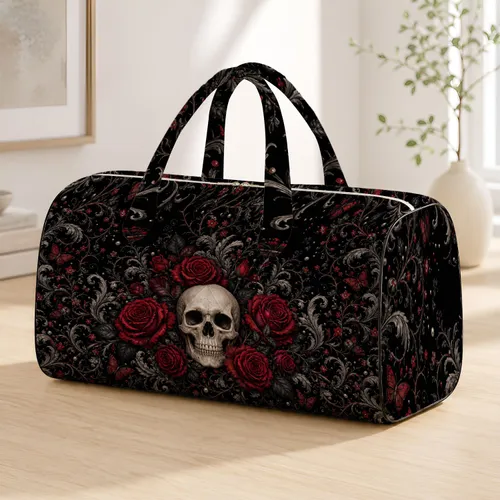 Gothic Floral Skull With Crimson Roses For Dark Romance Travel Style Alt Fashion Quilted Weekend Bag