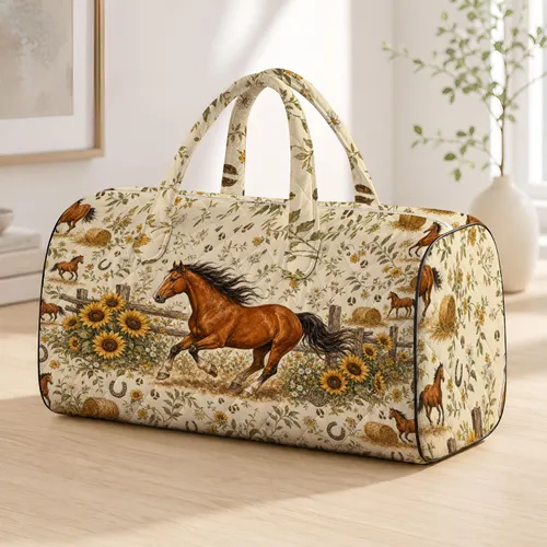 Galloping Chestnut Horse With Sunflowers For Western Ranch Travel And Cowgirl Style Quilted Weekend Bag