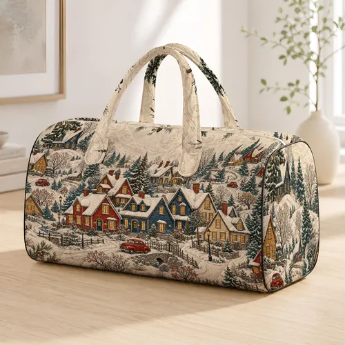 Nostalgic Snowy Winter Village Folk Art Scene For Holiday Travel And Cozy Winter Lovers Quilted Weekend Bag