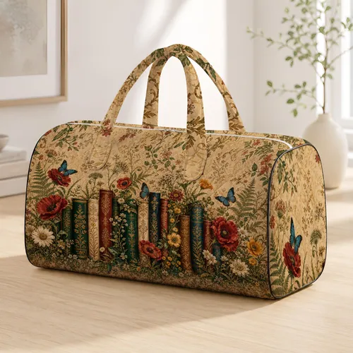 Vintage Botanical Book Spines With Butterflies For Library Trips And Reader Style Quilted Weekend Bag