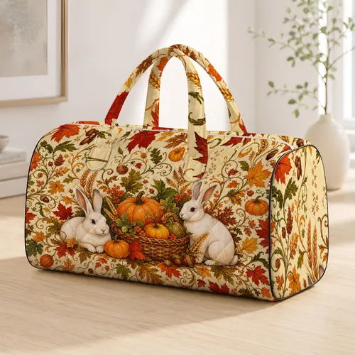 Elegant White Rabbits With Pumpkins And Maple Leaves For Autumn Harvest Farmhouse Style Fans Quilted Weekend Bag