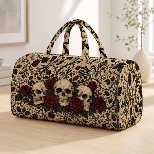 Gothic Ivory Skulls With Crimson Roses For Dark Academia Travel And Overnight Style Quilted Weekend Bag