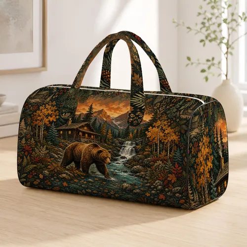 Vintage Brown Bear Mountain Cabin Waterfall Wilderness Lodge Travel For Campers Hikers Quilted Weekend Bag