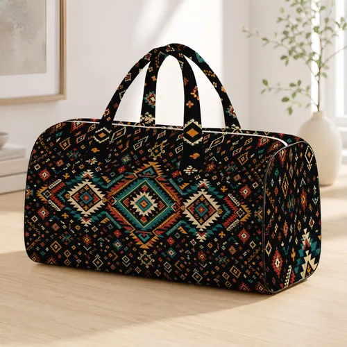 Southwestern Geometric Medallion With Teal Ochre Tribal Motifs For Luxe Travel Style Quilted Weekend Bag