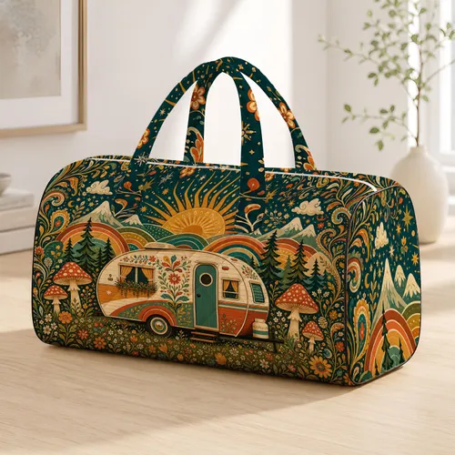 Retro Camper Boho Road Trip Scene With Rainbow Hills And Wildflowers For Free Spirits Quilted Weekend Bag