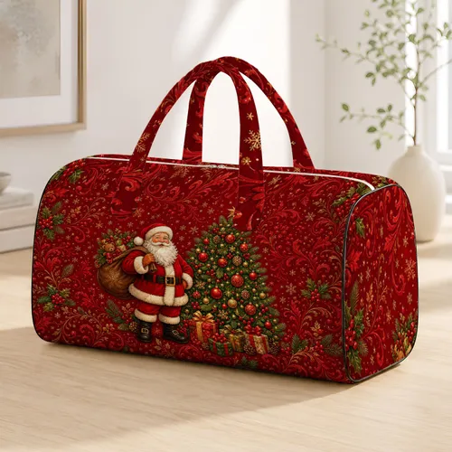 Santa With Christmas Tree And Cranberry Baroque Motifs For Festive Winter Travel Quilted Weekend Bag