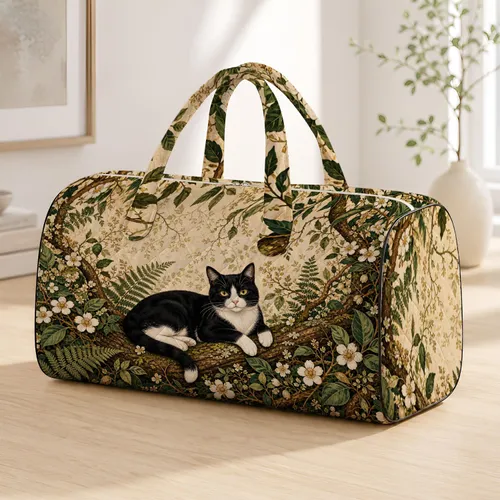 Tuxedo Cat Woodland Botanicals For Overnight Travel And Nature Cat Lovers Chic Style Quilted Weekend Bag