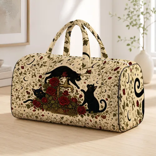 Black Cats Brass Faucet Roses Halloween Garden Travel Accessory For Cat Lovers Gift Quilted Weekend Bag