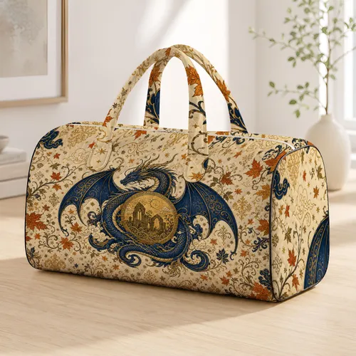 Mythic Blue Dragon Gold Moon Medallion With Autumn Leaves For Fantasy Travel Gifts Quilted Weekend Bag