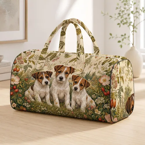 Jack Russell Terrier Puppies With Cottage Garden Florals For Countryside Getaways Quilted Weekend Bag