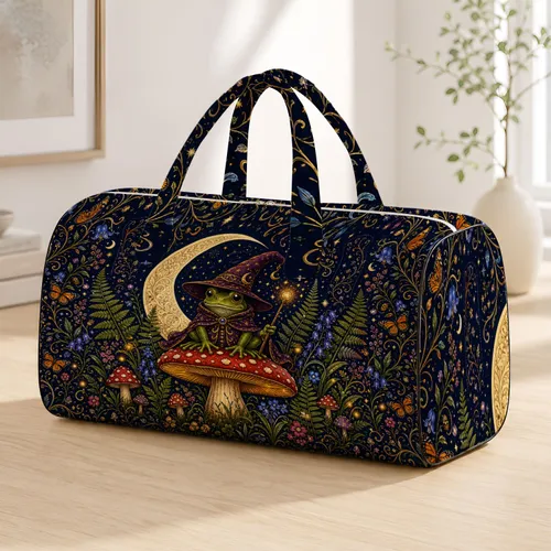 Frog Wizard On Toadstool With Crescent Moon For Halloween Cottagecore Travel Style Quilted Weekend Bag