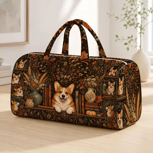 Cozy Corgi Reading Nook With Autumn Books And Thanksgiving Decor For Dog Lovers Gift Quilted Weekend Bag
