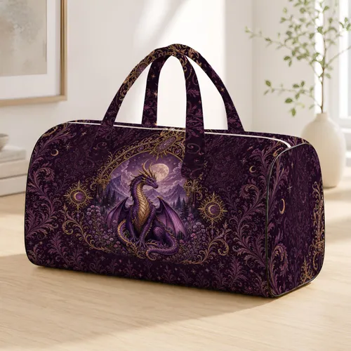 Amethyst Dragon With Gold Filigree For Gothic Fantasy Travel And Festival Women Style Quilted Weekend Bag