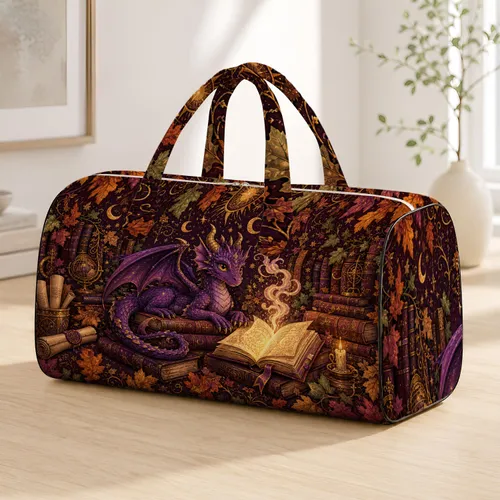 Purple Dragon In Autumn Library With Glowing Books For Fantasy Readers And Travelers Quilted Weekend Bag