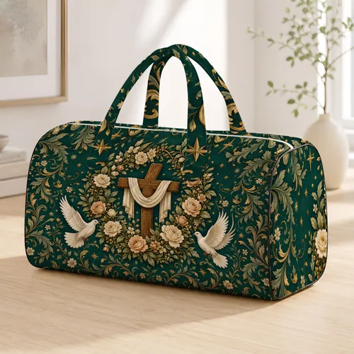 Vintage Cross With Dove And Rose Wreath For Faith Inspired Holiday Travel Style Gift Quilted Weekend Bag