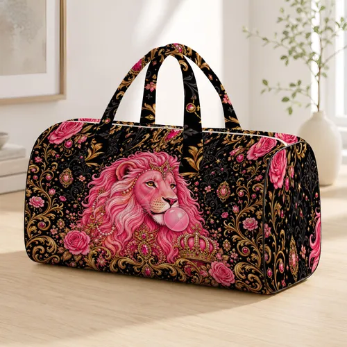 Bubblegum Pink Lion With Crown Regal Jungle Pop Baroque Travel Statement For Women Quilted Weekend Bag