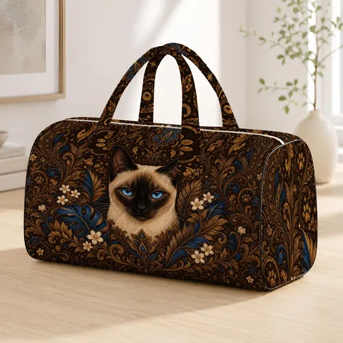 Regal Siamese Cat With Chocolate Paisley Florals For Stylish Travel And Cat Lovers Quilted Weekend Bag