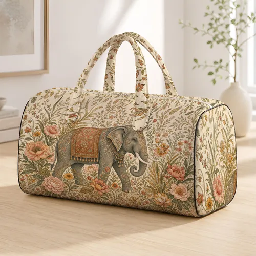 Gentle Elephant Botanical Garden Floral Wildlife Travel Style For Nature Lovers Women Quilted Weekend Bag
