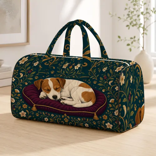 Sleeping Jack Russell Puppy On Plum Cushion For Cozy Pet Lover Travel Style Gift Quilted Weekend Bag