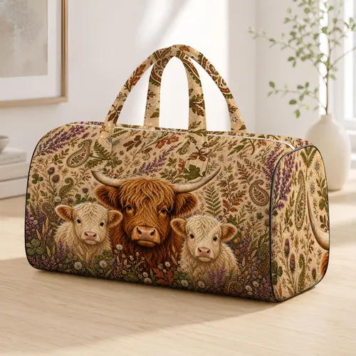 Rustic Highland Cow Trio With Heather Thistles For Country Travel And Farmhouse Style Quilted Weekend Bag
