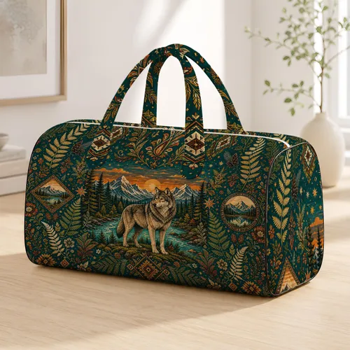 Bohemian Wolf Mountain River Scene With Teal Fern Florals For Outdoor Travel Nature Lovers Quilted Weekend Bag