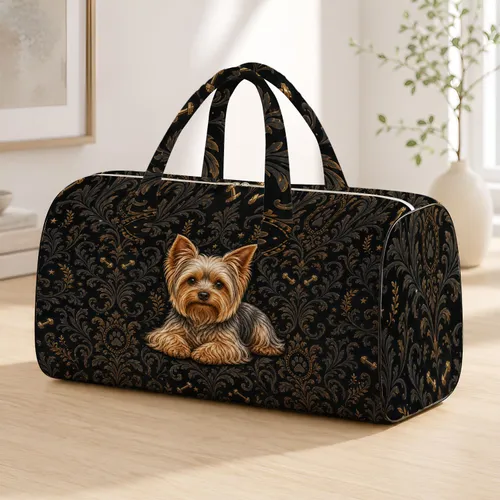 Yorkshire Terrier Portrait With Charcoal Damask For Travel Gym Getaways Dog Lovers Quilted Weekend Bag