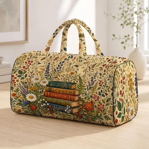 Vintage Books In Wildflower Meadow Cottagecore Botanical Travel Gift For Readers Quilted Weekend Bag