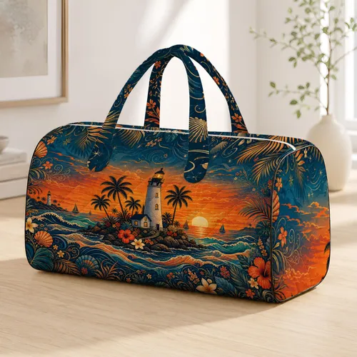 Tropical Lighthouse Sunset With Palm Florals For Coastal Getaways And Beach Vacations Quilted Weekend Bag