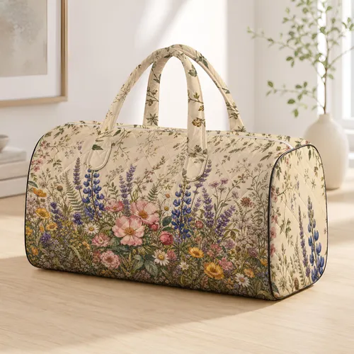 Romantic Cream Wildflower Lavender Meadow Cottagecore Botanical Travel Gifts For Women Quilted Weekend Bag