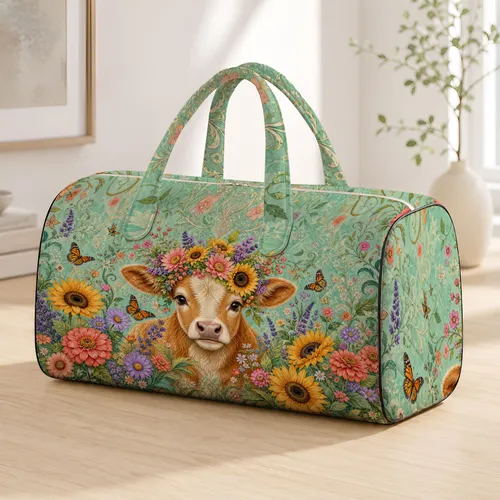Flower Crown Calf In Mint Meadow Florals For Cottagecore Travel And Farmhouse Gifts Quilted Weekend Bag