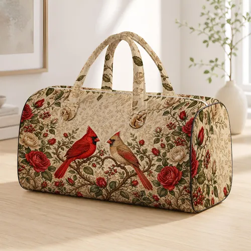 Cardinal Couple On Heart Branches With Vintage Roses For Romantic Woodland Getaways Quilted Weekend Bag