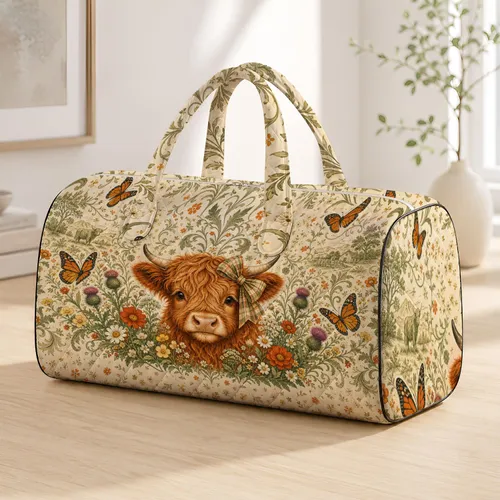Highland Calf With Bow Butterflies And Wildflowers Cozy Pastoral Getaway For Women Quilted Weekend Bag