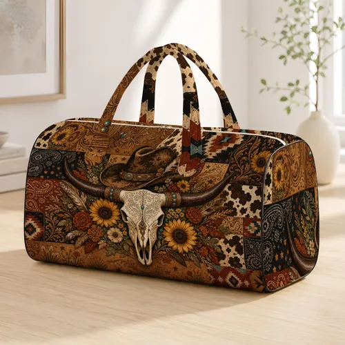 Western Longhorn Skull Sunflowers Cowboy Hat Harvest Gothic Rodeo Travel Gift For Her Quilted Weekend Bag