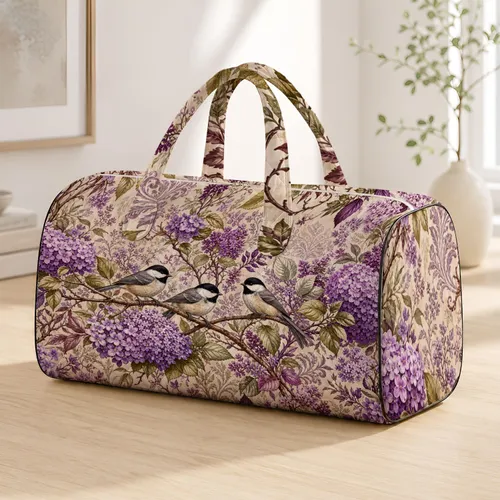 Chickadee Birds With Lilac Hydrangeas For Elegant Garden Travel Style Gifts For Her Quilted Weekend Bag