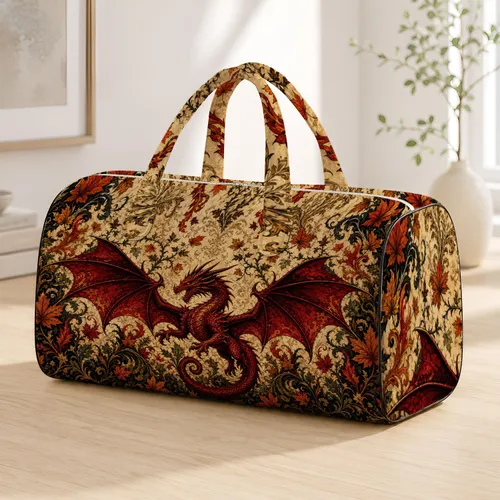 Crimson Flying Dragon With Autumn Maple Leaves For Gothic Fantasy Travel Lovers Gift Quilted Weekend Bag