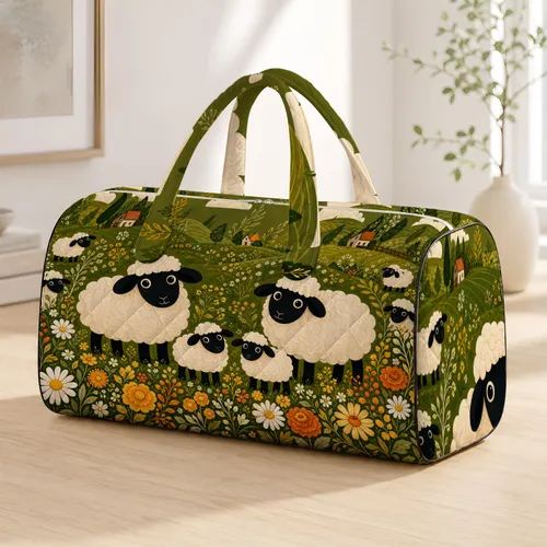 Black Faced Sheep In Rustic Meadow With Daisies For Farmhouse Travel Country Fans Quilted Weekend Bag