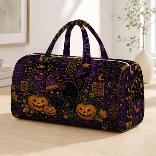 Halloween Black Cat With Pumpkins And Bats For Spooky Fall Travel Lovers Witchy Style Quilted Weekend Bag