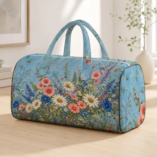 Light Blue Wildflower Daisy Meadow Vintage Botanical Travel Floral Gift For Women Quilted Weekend Bag