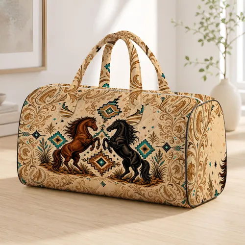 Rearing Horses With Southwestern Desert Ornaments For Rodeo Ranch Travel Cowgirls Quilted Weekend Bag