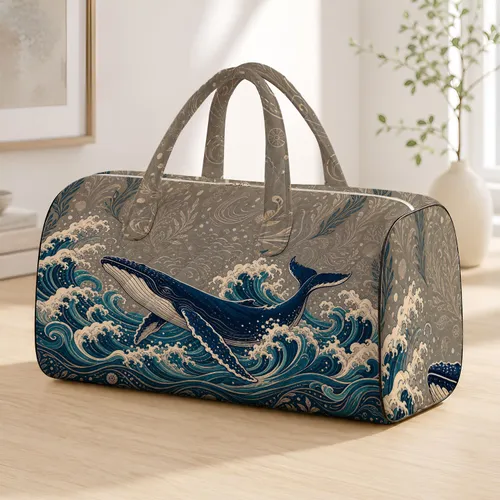 Humpback Whale With Japanese Waves Coastal Travel Style For Ocean Lovers And Beach Trips Quilted Weekend Bag