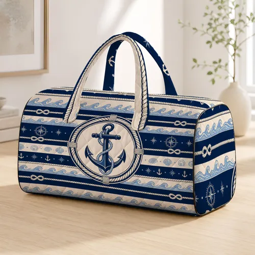 Navy Nautical Stripes And Anchor Medallion For Coastal Getaways And Seaside Sailors Quilted Weekend Bag