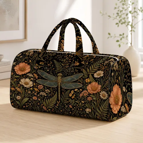 Dark Botanical Dragonfly With Wildflowers For Vintage Nature Travel Style For Women Quilted Weekend Bag