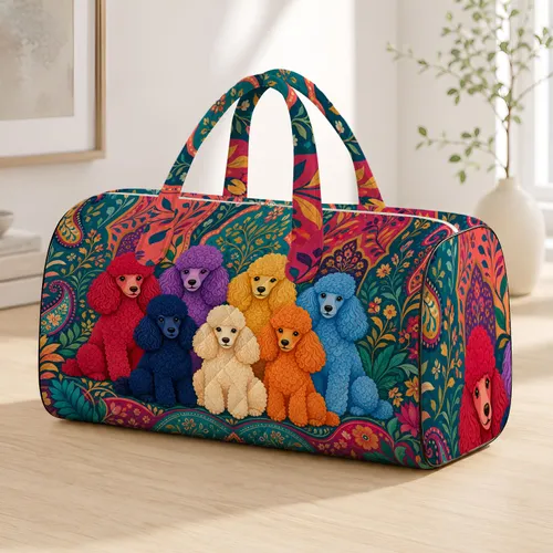 Colorful Poodle Portrait Collage With Jewel Tone Florals For Pet Lover Travel Style Quilted Weekend Bag