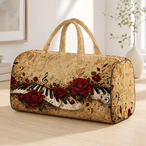 Piano Keys Red Roses Music Notes Romantic Conservatory Travel Style For Musicians Quilted Weekend Bag