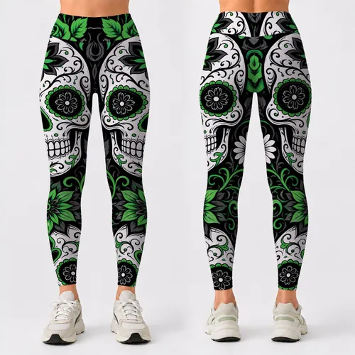 Gothic Sugar Skull Floral Neon Green Tattoo Vibes For Yoga Gym Festival Women Outfit Leggings