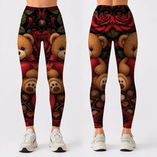 Teddy Bear With Red Roses And Chocolates For Romantic Valentine Gift And Date Night Leggings