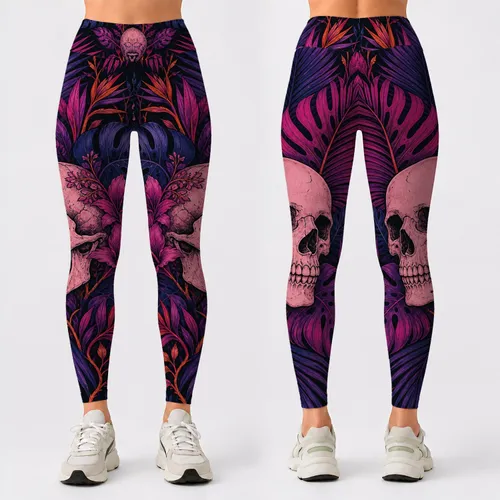 Gothic Tropical Skull With Magenta Palm Leaves For Festival Yoga And Gym Style Looks Leggings