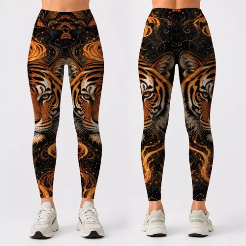 Bold Bengal Tiger Head With Golden Flames For Street Chic Festival And Workout Style Leggings